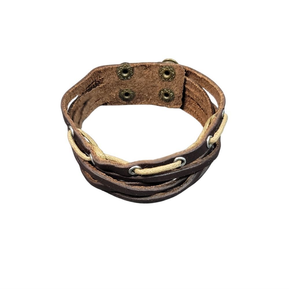 Mens Brown Genuine Leather Braided Wrap Bracelet Adjustable Snap Red Thread Boho